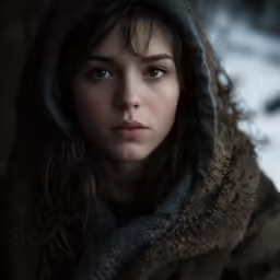 a girl with a hood on stares off in front of a snowy background