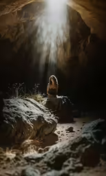 a woman sitting on a rock surrounded by rocks in a cave