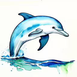 a dolphin in the water painting on paper,a watercolor painting of a dolphin jumping out of the ocean