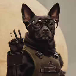 a small dog wearing glasses and holding up the peace sign