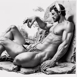 a man with no shirt on is naked on a rock