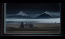 a view from the window of a mountain range in the distance