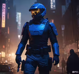 a person in a futuristic suit walking down a street,a man in an industrial armor with yellow and blue goggles