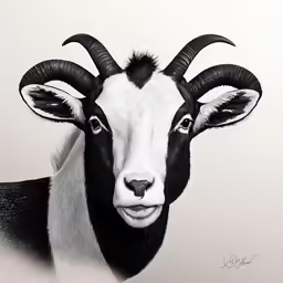 black and white picture of a ram with horns