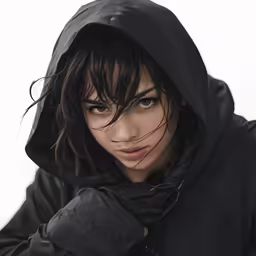 the beautiful freckle haired model is wearing a black hooded jacket