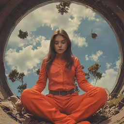 woman in an orange shirt meditating with hands up