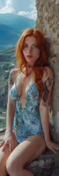 a red haired woman poses in a blue swimsuit,a beautiful red - headed woman poses on top of a mountain