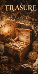 a chest of gold and rocks on a stone bed with a lit candle