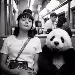 a woman is sitting next to a stuffed panda bear