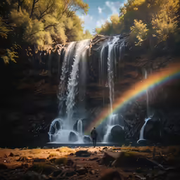 a man standing in front of a waterfall next to a rainbow