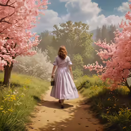 the girl in a dress is walking down the path of flowers