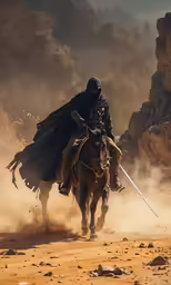 an arab man rides a horse with a long spear