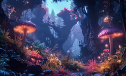 a screenshot of a forest at night with lights on