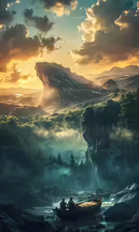 a painting of a mountain landscape, with clouds above a boat