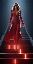 the woman in a red suit is walking down stairs