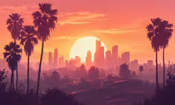 a city skyline with palm trees in front of a sunset