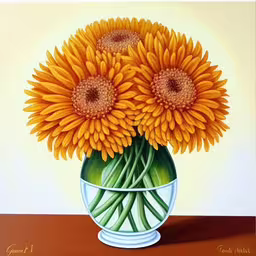 a painting of sunflowers sitting inside of a vase,a vase with a painting of sunflowers on a table