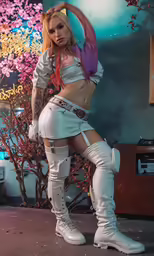 a woman posing with white boots and a pink scarf