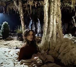 a girl sitting in the middle of a room with white fur