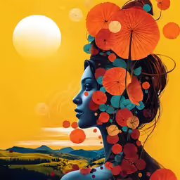a painting of a woman with orange flowers on her head