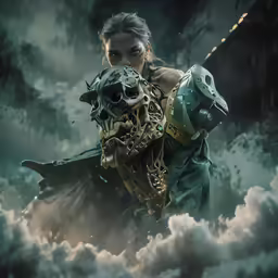 a beautiful woman dressed as loki holding a skull