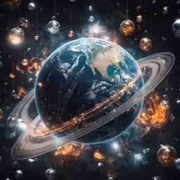 a planet surrounded by planets in outer space
