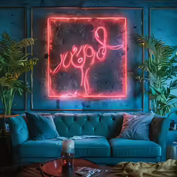 a blue sofa with the words boosy in red on it