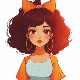 the cartoon girl with red hair and brown shoes, has large hoop earrings