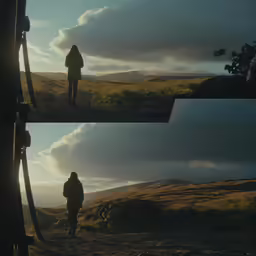 two pictures showing a man standing on a field