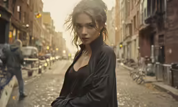 a beautiful young woman holding a skateboard on top of a street