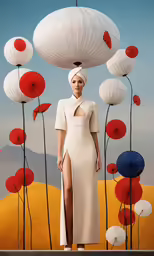 the woman has dressed up in an artistic fashion with red and white decorations