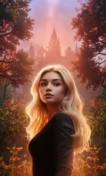 blond girl standing in front of a castle