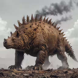 there is a very large dinosaur walking through a desert area