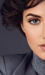 the woman is looking into the camera with blue eyes