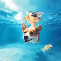 a dog swimming under water and looking up