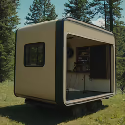 the small white portable kitchen is in the open field