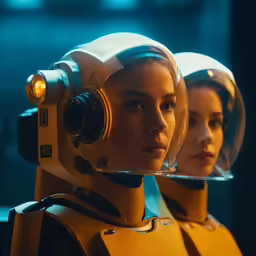 two women in costumes, one wearing a space suit and the other in a helmet