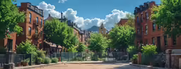 a bunch of buildings and a lot of trees and bushes