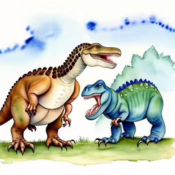 a large dinosaur that is standing next to a small dino