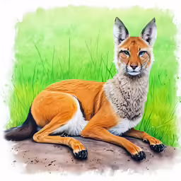 a fox laying in the grass in front of some tall grass