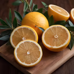 orange halves with green leafs on wooden board