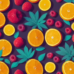 a lot of fruits with leaves and berries