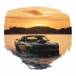 the car is driving through the water near a hill