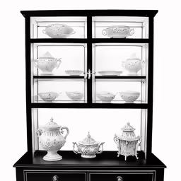 a black dresser and some cups on a display shelf
