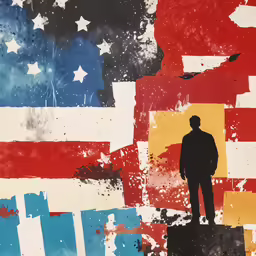 a poster featuring the silhouette of a man standing in front of a large flag