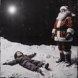 a young boy lying in the snow near santa claus