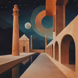 a painting of an outdoor area next to water