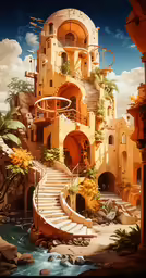 a fantasy scene shows stairs leading up to a tower