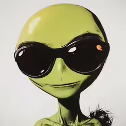 an alien with dark round sunglasses and a hair bun