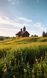 a tall building sitting on top of a grass covered hillside